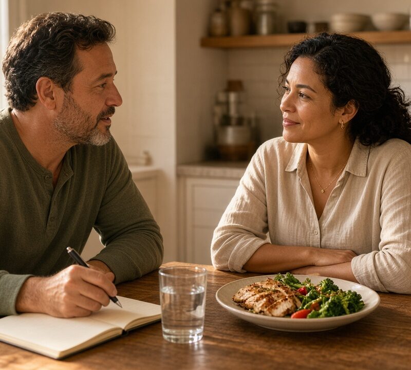 Adult and dietitian talking over a simple meal at a kitchen table in warm afternoon light