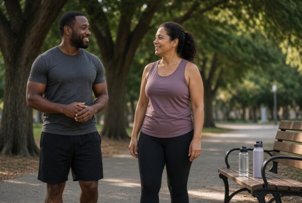 Personal trainer talking with a client after a walking session in Texas