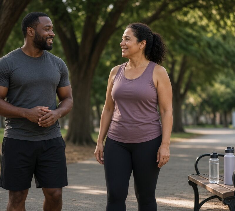Personal trainer talking with a client after a walking session in Texas