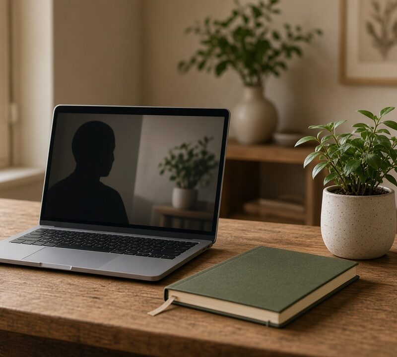 Home desk with laptop on a video call, notebook, and glass of water for a virtual nutrition visit