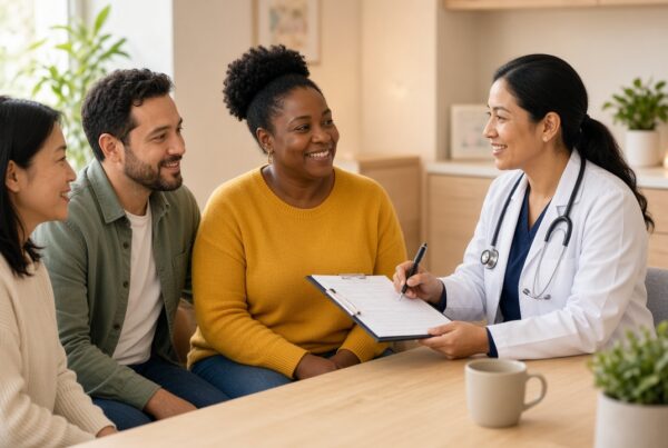 A clinician reviews a health assessment with patients at a medical weight loss clinic