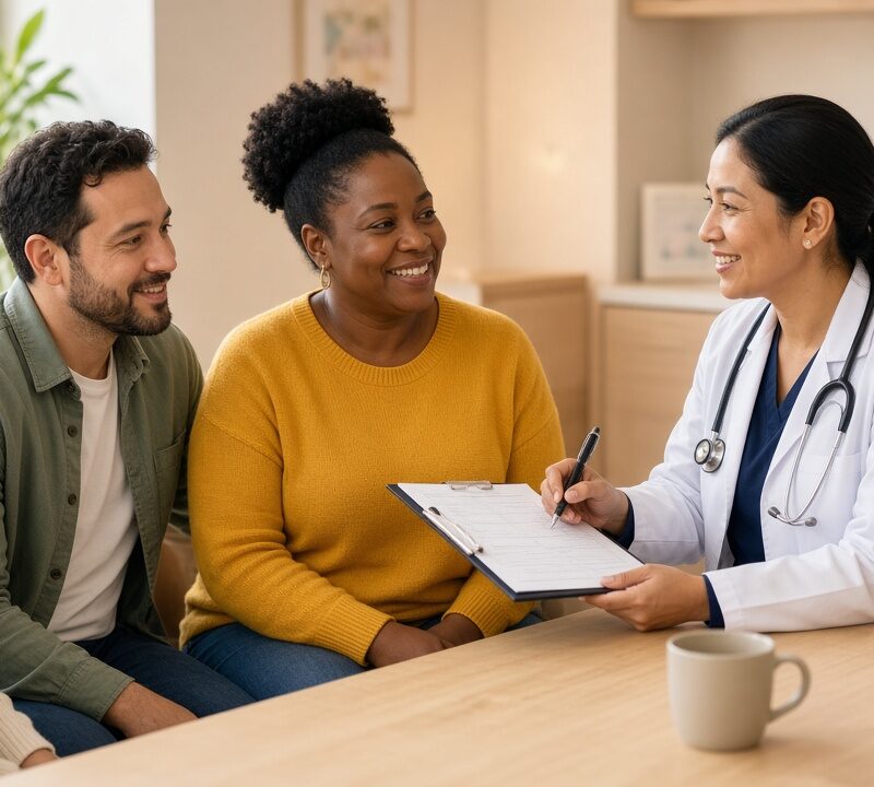 A clinician reviews a health assessment with patients at a medical weight loss clinic