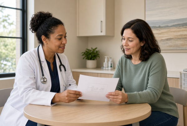 Clinician and patient reviewing a printed plan together in a clinic consult room