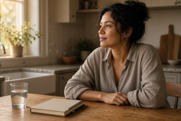 Adult at a kitchen table with a closed notebook and a glass of water in afternoon light