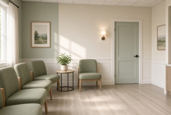 A clinic waiting room with green chairs, a plant, and a closed door.