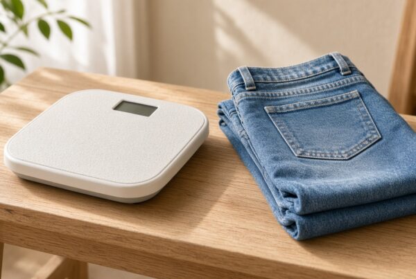 Scale and folded jeans on a bench, for a 10 percent weight loss question
