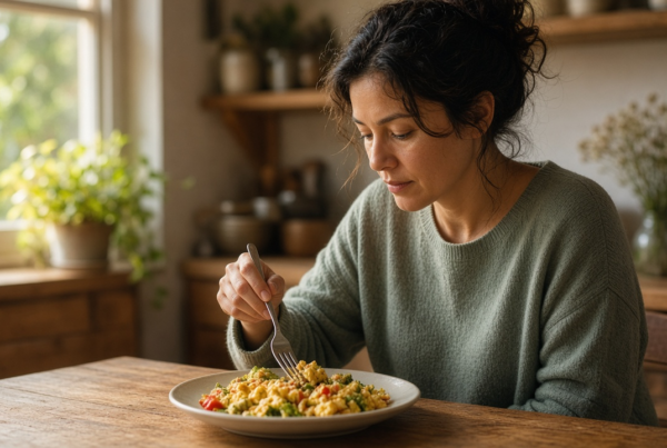 Adult eating a modest plate of eggs and vegetables at a kitchen table in morning light