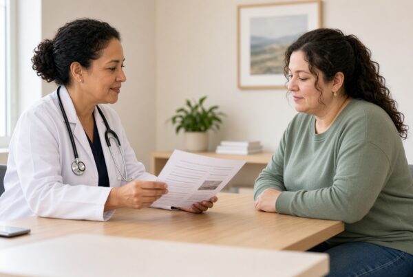 Clinician and adult patient reviewing a care plan during a weight-loss consultation.