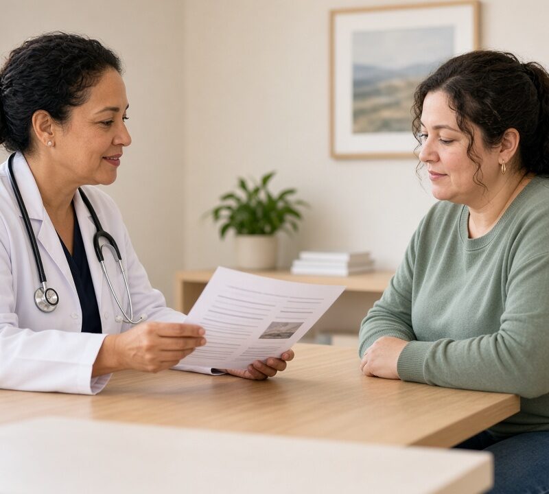 Clinician and adult patient reviewing a care plan during a weight-loss consultation.