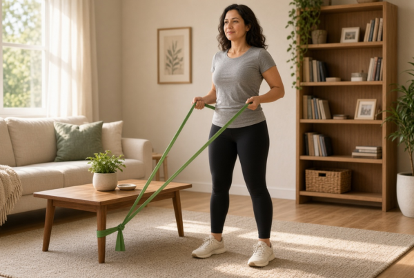 Adult doing a resistance-band row at home to keep muscle while losing weight