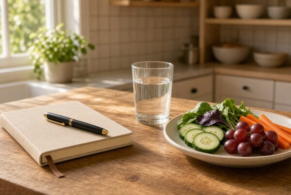 Notebook, water, and a plate of fruit and vegetables on a sunlit kitchen table