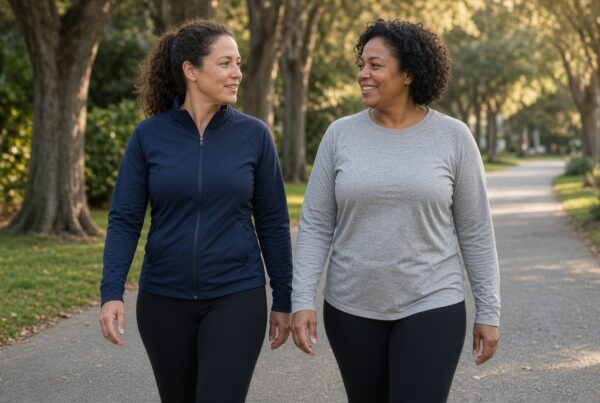 A weight loss coach and an adult client walking and talking on a tree-lined path