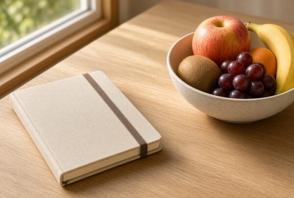 A closed notebook and a bowl of fruit on a wooden table.