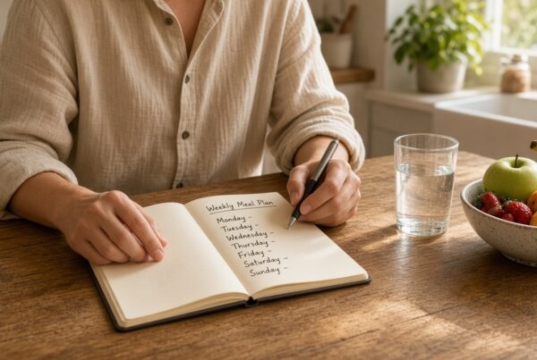 Adult writing a weekly meal plan at a kitchen table