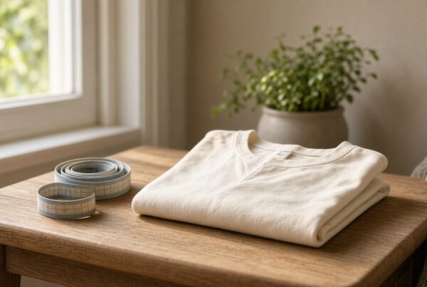 Folded shirt and a measuring tape on a wooden bench by a window.