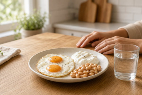 Small plate with eggs, yogurt, and beans beside a glass of water
